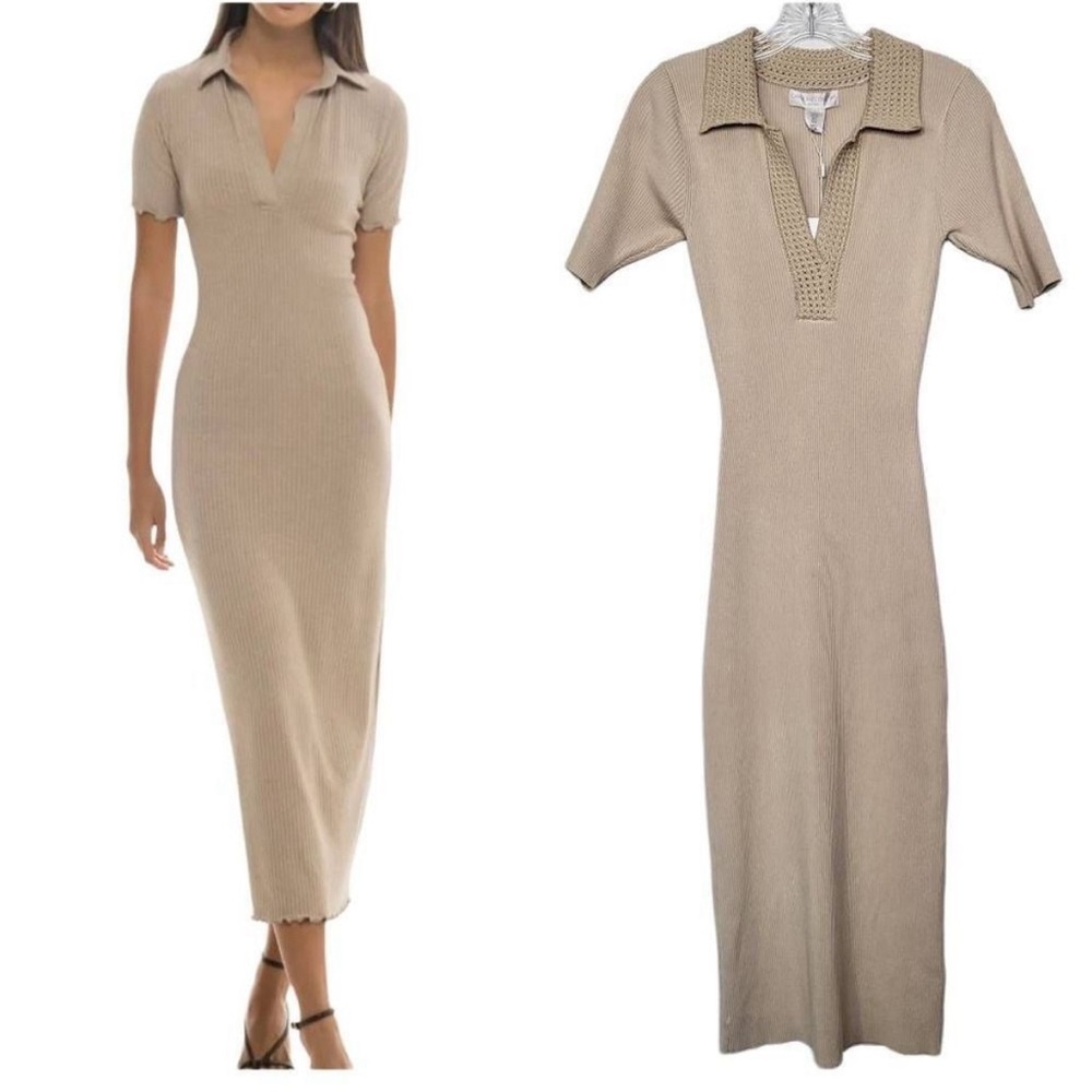 Caroline Constas Beige Knit Polo Midi Dress